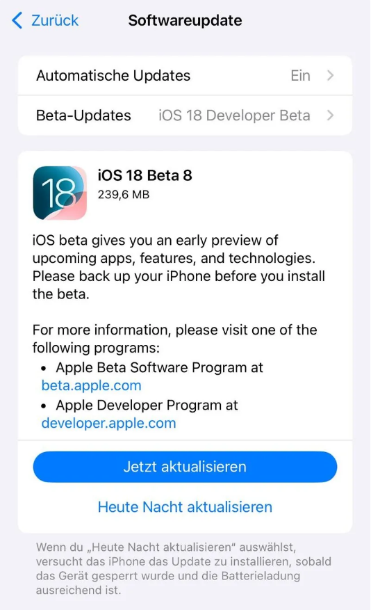 天长苹果手机维修分享苹果 iOS / iPadOS 18 开发者预览版 Beta 8 发布 